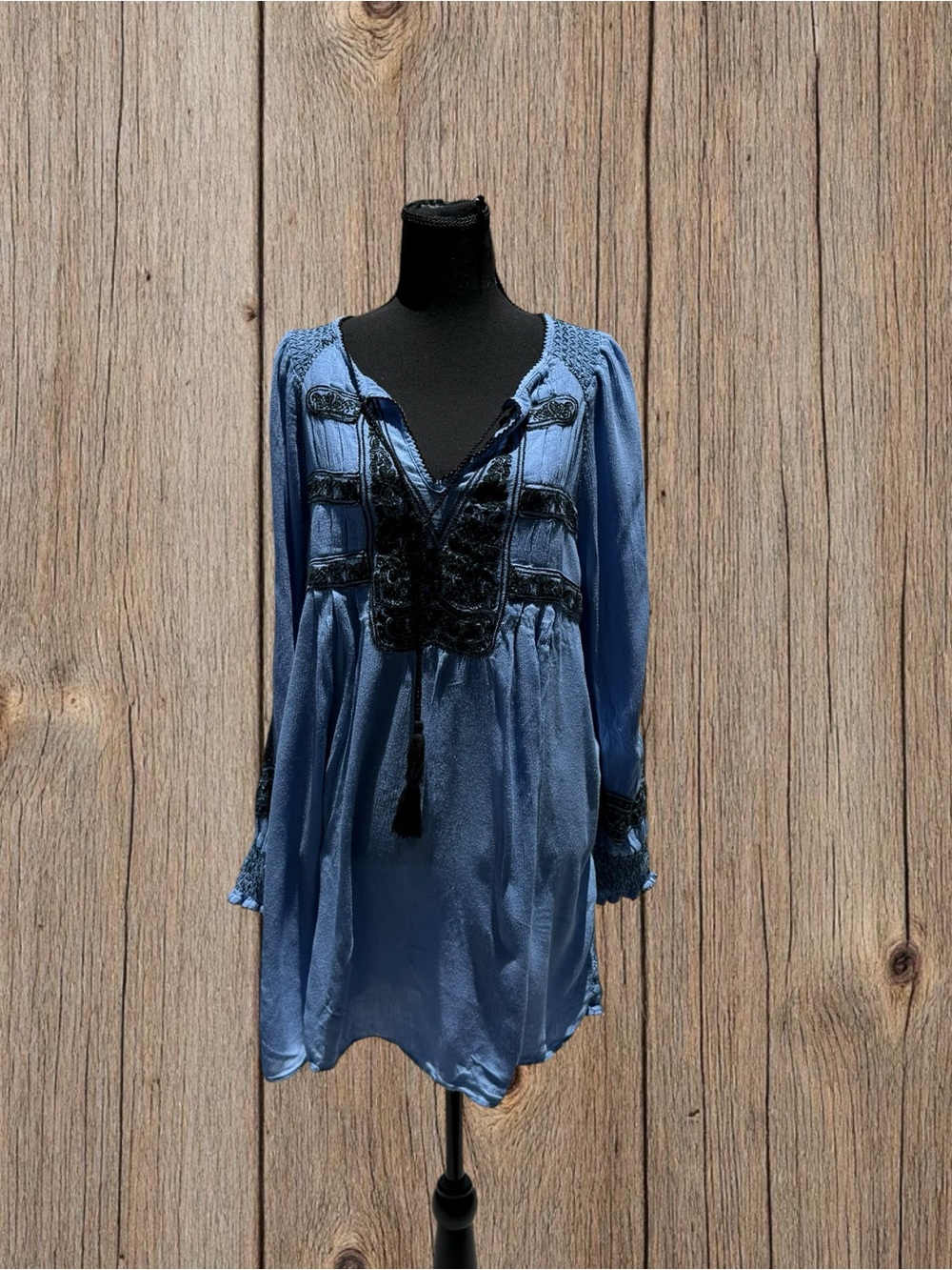 Free People Indigo Tunic with Black Embroidered Trim